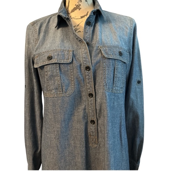 J. Crew shirt dress, denim, sz small, half button, pockets, button up sleeves. - Picture 4 of 7